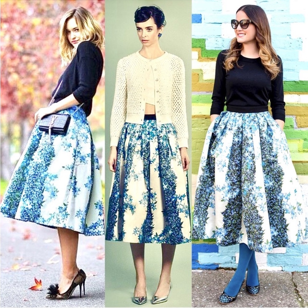 Tibi 100% Silk Gazar Blue Floral Pleated Full Sidewalk Luxury Midi Skirt Size 2 - Picture 5 of 16